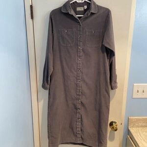 Vtg 90s L.L. Bean Gray Corduroy Dress Sz 14 Button Front Midi Made in USA